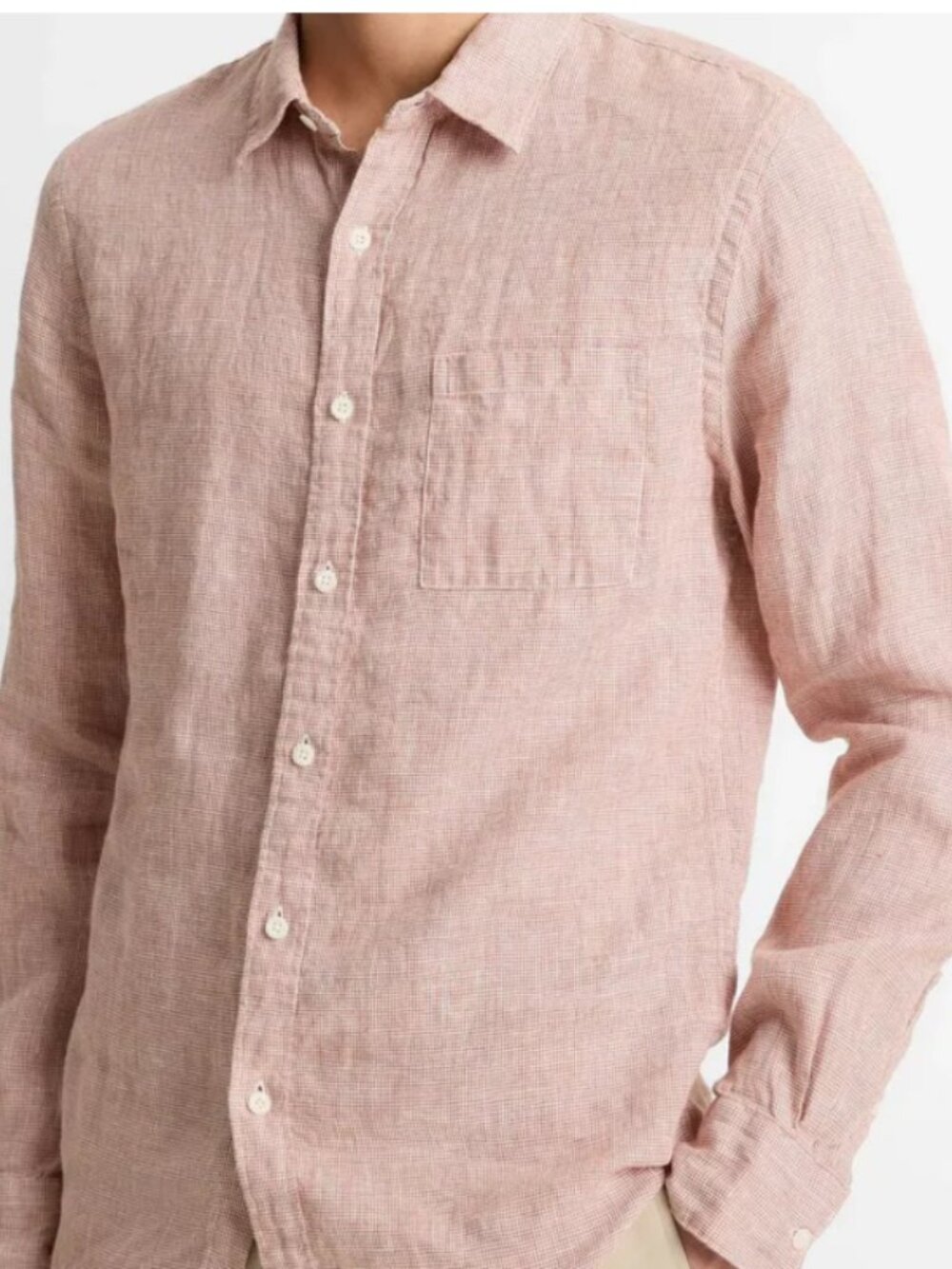 Vince Classic Fit Long Sleeve Houndstooth Linen Shirt in Sepia/Optic White XL